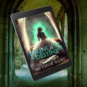 May include: A tablet computer displaying a book cover with a princess in a white dress standing in a doorway. The cover text reads "Princess Destiny: A New Fairy Tale" and "AUTHOR NAME".