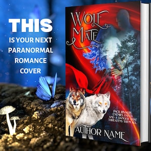 May include: Book cover with a red, blue, and white design. The title is "Wolf Mate" and the text below reads "Pack rivalry. Enemies. Fated. And a danger that threatens them all." The author's name is at the bottom of the cover.