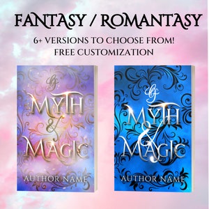 May include: Two book covers with a fantasy theme. The covers feature a blue and purple background with a silver design of a swirling floral pattern and the words "Myth & Magic". The text "AUTHOR NAME" is at the bottom of each cover.
