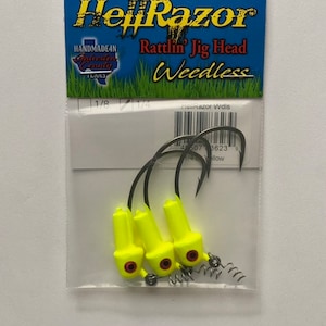1/4 ounce 3 Pack Yellow Chartreuse Weedless  Swim Bait HELLRAZOR Rattling Jig head, Saltwater and  Freshwater fishing tackle