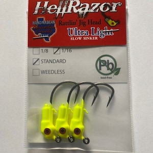 1/16 ounce 3 Pack Yellow Chartreuse standard Lead Free Swim Bait HELLRAZOR Rattling Jig head, Saltwater and  Freshwater fishing tackle