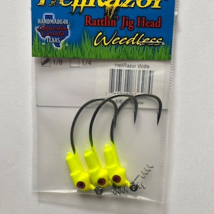 1/8 ounce 3 Pack Yellow Chartreuse Weedless Swim Bait HELLRAZOR Rattling Jig head, Saltwater and Freshwater fishing tackle