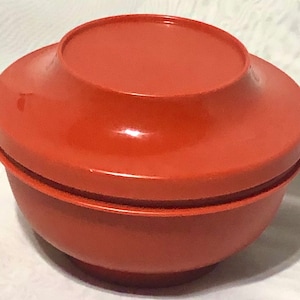Può includere: Un set di due ciotole in ceramica arancione con un coperchio. Le ciotole sono annidate.