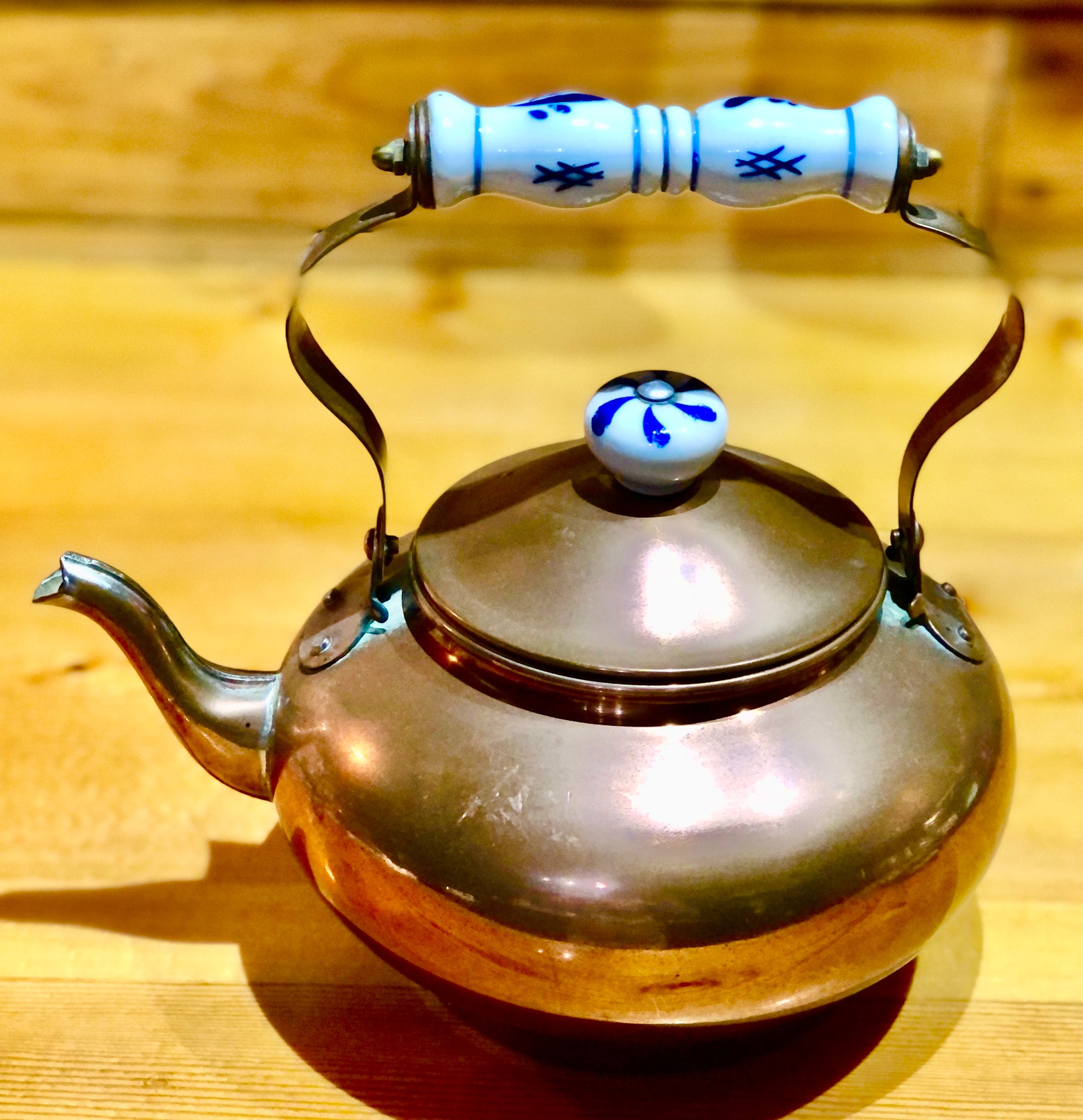 Vintage Copper Tea Pot Kettle Porcelain Delft Handle & Knob Etsy