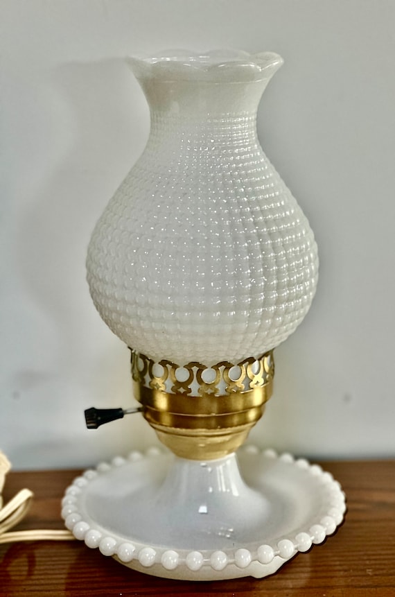 Vintage Milk Glass Electric Bedside Lamp With Hobnail Hurricane
