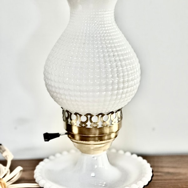 Vintage Milk Glass Electric Bedside Lamp With Hobnail Hurricane Shade 11” Tall