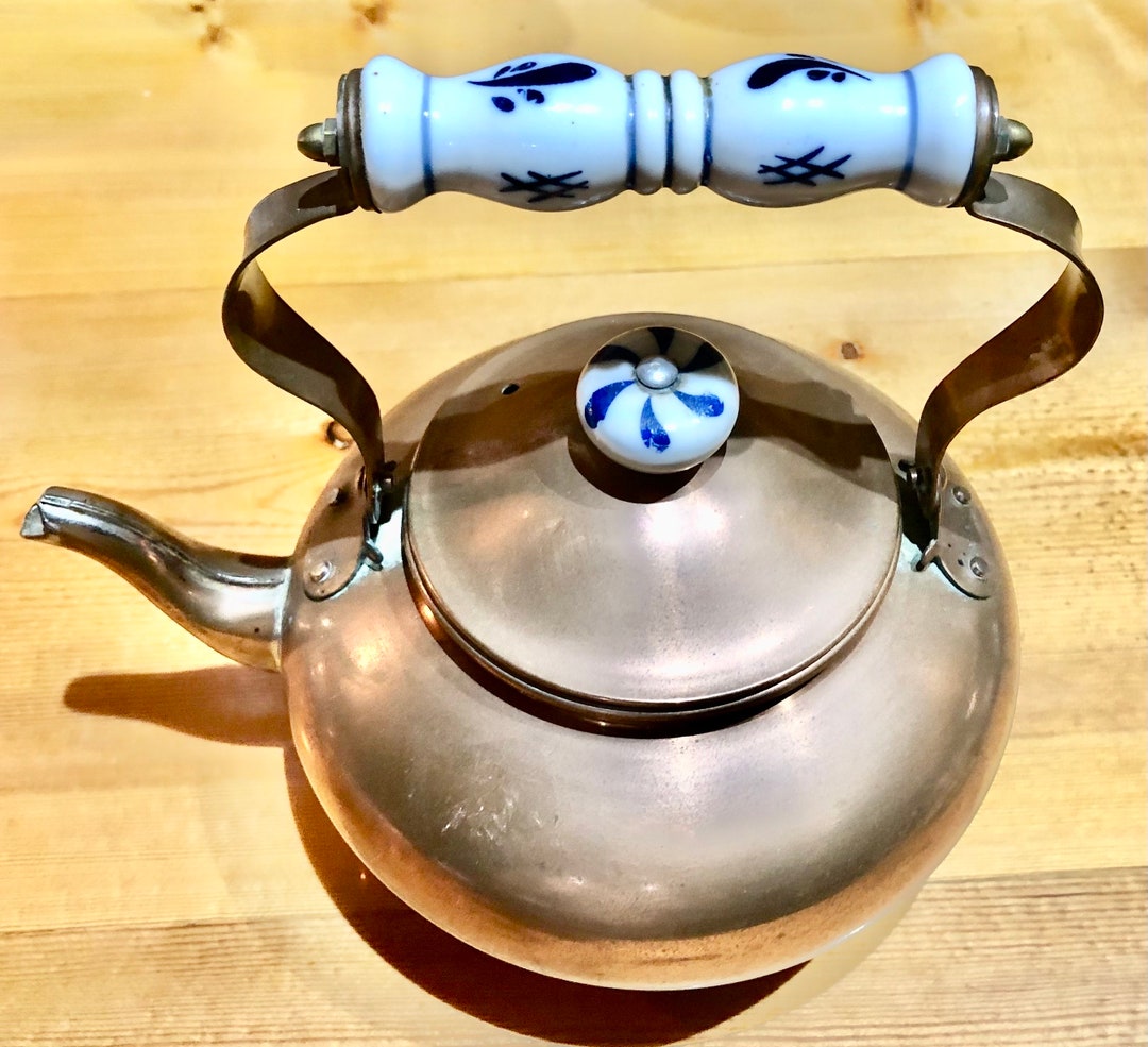 Vintage Copper Tea Pot Kettle Porcelain Delft Handle & Knob Etsy