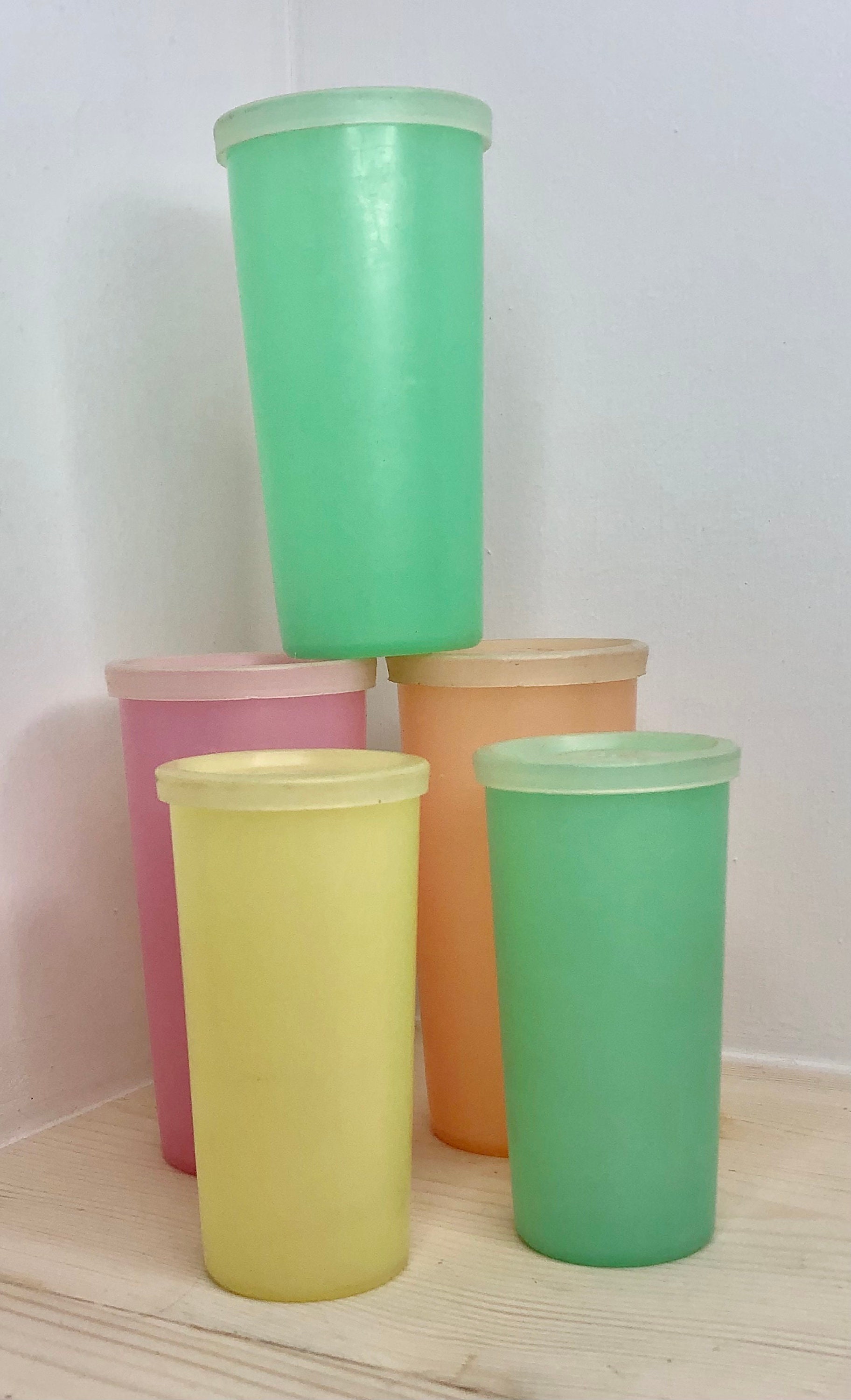 6 Vintage Pastel Colored Tupperware Small Beakers with Lids from