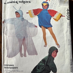 May include: A sewing pattern for children's costumes. The pattern includes instructions for making a ladybug, butterfly, flower, turtle, squirrel, and bird costume. The pattern is from McCall's and is designed by Andrea Schewe. The pattern number is 4459.
