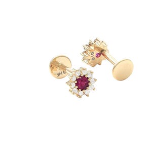 Solid Real Yellow Gold Round Ruby and Diamond Screw Flat-Back Earrings 6 Mm