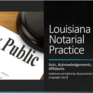 Puede incluir: Un documento titulado "Notary Public" con un mazo y un bolígrafo encima. El documento tiene una sección para "Audiencia en la corte" y "Condado". El texto "Louisiana Notarial Practice" está en letra grande en la parte superior de la imagen. El texto "Actos, reconocimientos y declaraciones juradas" está debajo del título. El texto "Publicado y editado por: Notarizado por Cristy (Copyright 2022)" está debajo del subtítulo. El texto "PÁGINA 1" está en la esquina inferior derecha de la imagen.