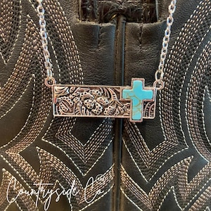 Turquoise Cross Tooled Bar Silver Necklace