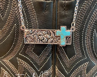 Turquoise Cross Tooled Bar Silver Necklace