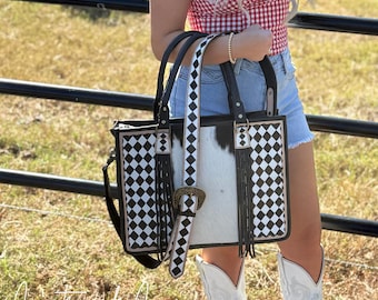 Tinsley Checkered Leather Cowhide Conceal Carry Tote, Computer Bag