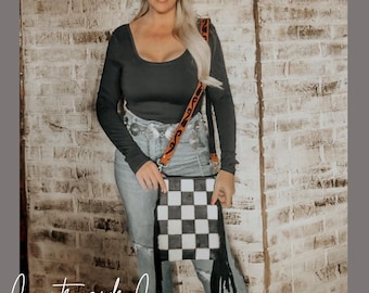 Stockyard Checkered Cowhide Fringe Purse by Countryside Co.