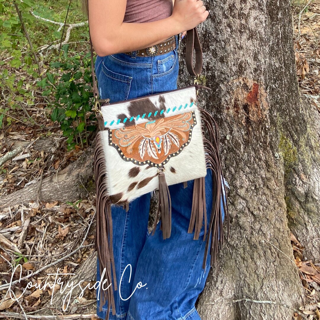 American Darling Brown and White Fringe Cross Body Purse – Western