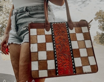 Virginia Cowhide Checkered Concealed Carry Tote Handbag, Rust Tone Leather