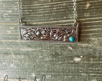 Tooled Bar Silver Necklace with Turquoise Accent