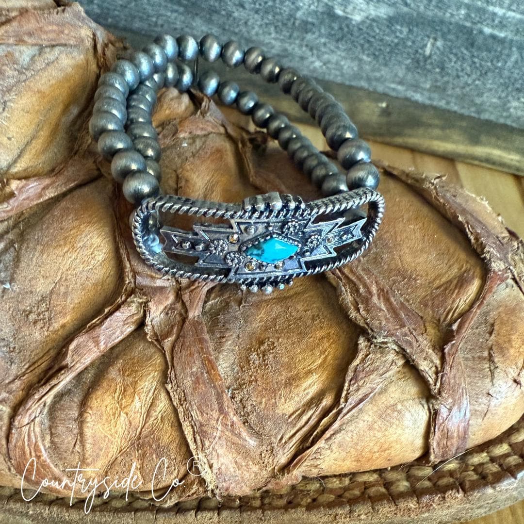 Aztec Bracelet with Navajo Pearls and Turquoise Accent