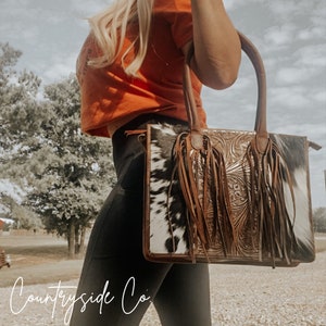 Jesse Cowhide and Tooled Leather Tote Purse by Countryside Co.