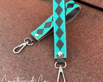 Turquoise Checkered Leather Keychain Wristlet