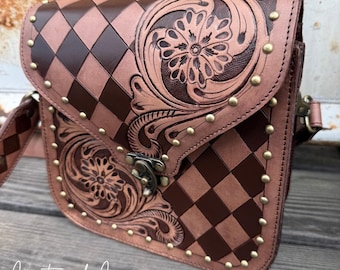 Remington Tooled Leather Checkered Handbag