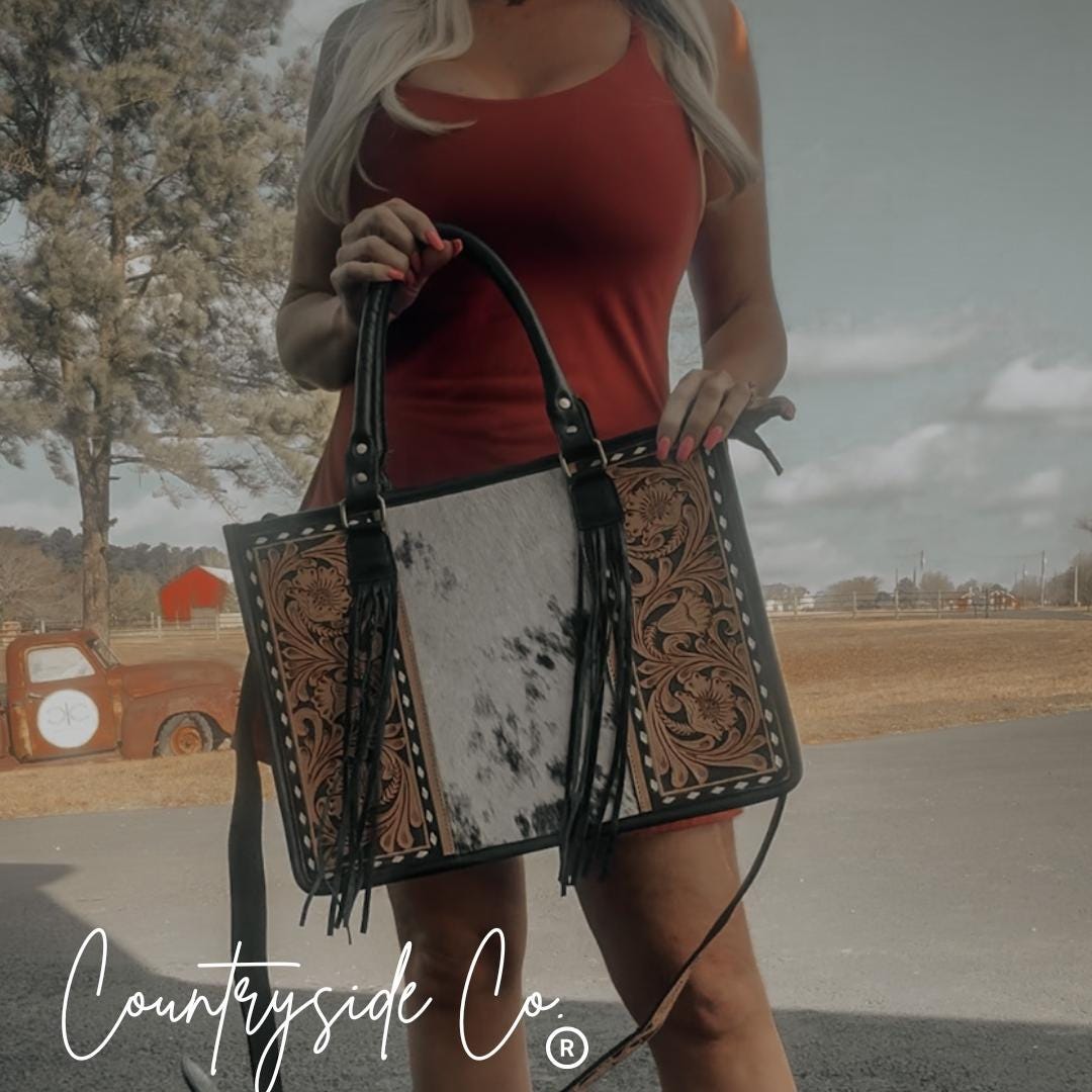 Panhandle Tooled Leather Cowhide Conceal Carry Tote, Laptop Bag by ...