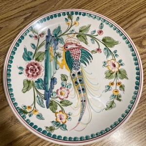 Vintage hand painted from Portugal colourful bird flowers dinner plate size collectible decorative plate beautiful unique