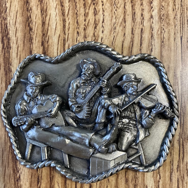 Siskiyou Buckle Co. Inc. vintage bluegrass music belt buckle 1983 rare find unique collection collectible 3 men musicians deer head