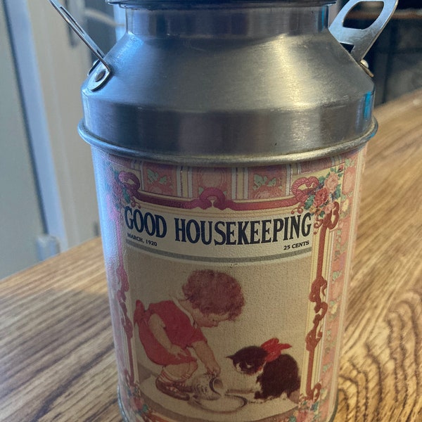 Vintage Good Housekeeping March, 1920 replica milk can empty tin beautiful pattern 2 pieces are about 6 inches tall with handles