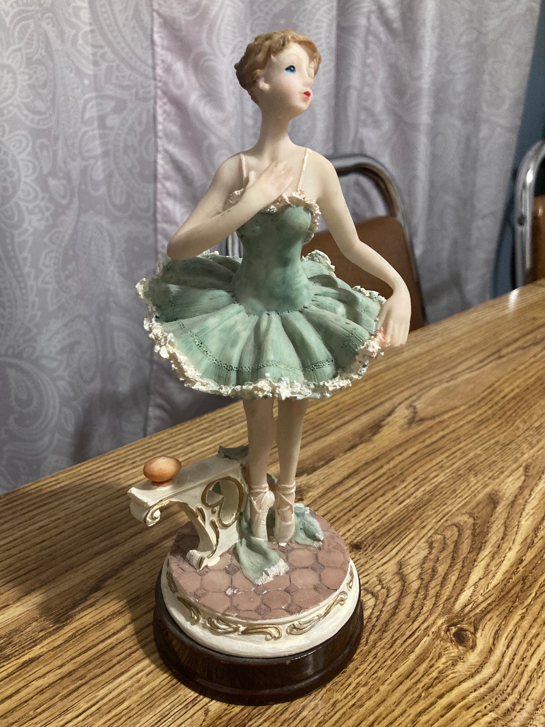 Vintage Resin Ballerina Figurine Green Dress Dancing With Base About 9 Inches Tall Beautiful