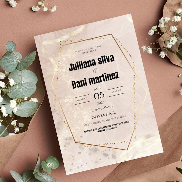 Luxury Wedding Invitation Colorful Wedding Invitation Digital Download Peach Gold Wedding Invitation Template