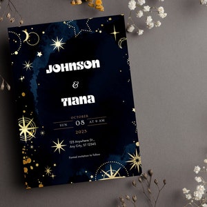 Cartão de casamento céu noturno escuro e dourado Espaço em aquarela Cartão de convite de casamento escuro e dourado