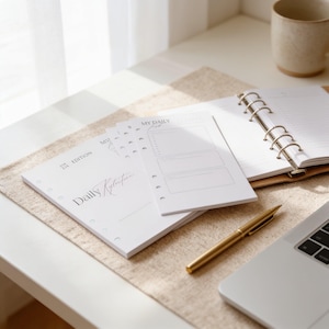 May include: A white paper planner insert set featuring the text "Daily Reflection" and "256 226 EDITION" alongside a "MY DAILY" task list page with punch holes for a binder, accompanied by a gold metal pen and an open ring-bound planner.