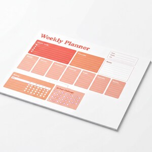 May include: A rectangular weekly planner notepad with a white background and coral-toned sections. The header reads Weekly Planner, with dedicated areas for Weekly Goals, Priorities, Notes, and daily columns from Monday to Sunday, plus a 30 Days Challenge.