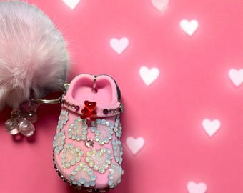 Bedazzled Handmade Crock Keychain: Pink Love Teddy Bear