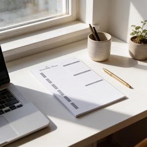 May include: A white weekly planner notepad with the text Weekly Plan printed at the top, featuring lined sections for daily tasks. The notepad is placed on a desk next to a gold pen, a ceramic cup containing two pens, and a small potted green plant.