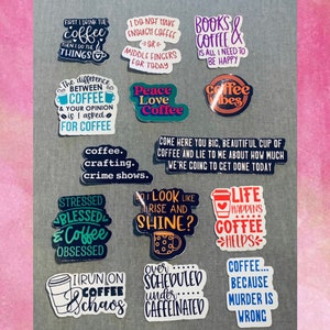 Koffiestickers, handgemaakte stickers, grappige koffiespreuken, koffieknutselen, koffiesticker, bekersticker