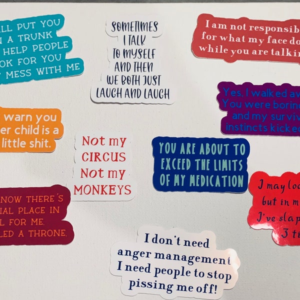 Adesivi divertenti e sarcastici n. 2, adesivi fatti a mano, detti divertenti, decalcomania divertente, decalcomania sarcastica