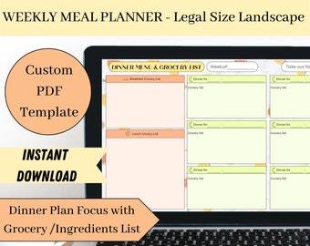 Printable Meal Planner and Grocery List Template| Meal Prep, Daily Menu, Habit Tracker | Digital Download | Legal Size PDF 14x8.5 Landscape