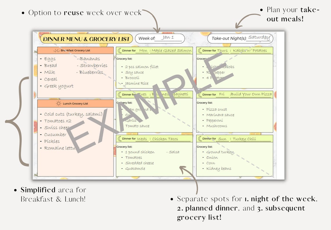 Printable Meal Planner and Grocery List Template| Meal Prep, Daily Menu