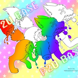 May include: A digital art base featuring four colorful foxes with dripping paint. The foxes are in various poses, with one biting another's tail. The text "P2U BASE" appears twice in the image.