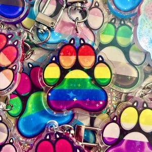 Peut inclure: Une collection de porte-clés en forme de pattes colorées avec des fermoirs argentés. Les porte-clés présentent des motifs arc-en-ciel, roses, bleus et jaunes. Certains ont des étoiles. Les empreintes de pattes sont en matériau transparent et irisé.
