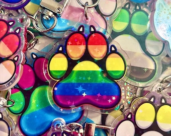 Pride Flagge Katzenpfote Schlüsselanhänger: Holographisch Glitzer LGBTQ+ Wasserfest 5cm
