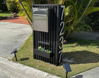 Modern Slatwall Mailbox with Floating Numbers & Planter