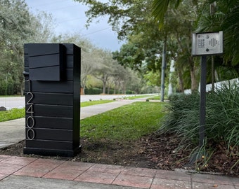 Modern Black Mailbox with House Numbers, Wooden Midcentury Wall Decor