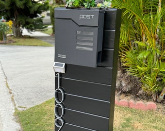 Black Modern Mailbox with Wood Base – Custom House Numbers
