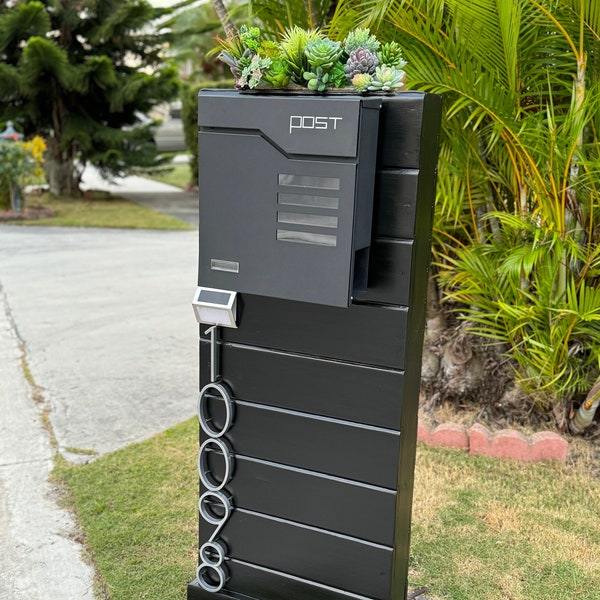 AGAVE LUXE Black Mailbox - Modern Mailbox With Succulent & Mailboxes Numbers, Custom Mailbox For Your Home Curb’s Appeal, Antique Mailbox