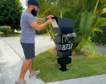 Modern Succulent Mailbox with House Numbers, FSC Wood Base