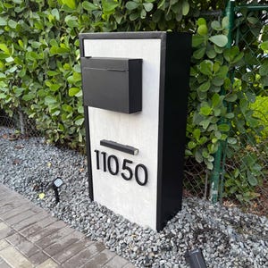 SLATE ANTHRACITE Mailbox – Modern Tile Mailbox With Post, Custom Floating Numbers, Solar Light, Outdoor Locking Mailbox, Curb Appeal Upgrade